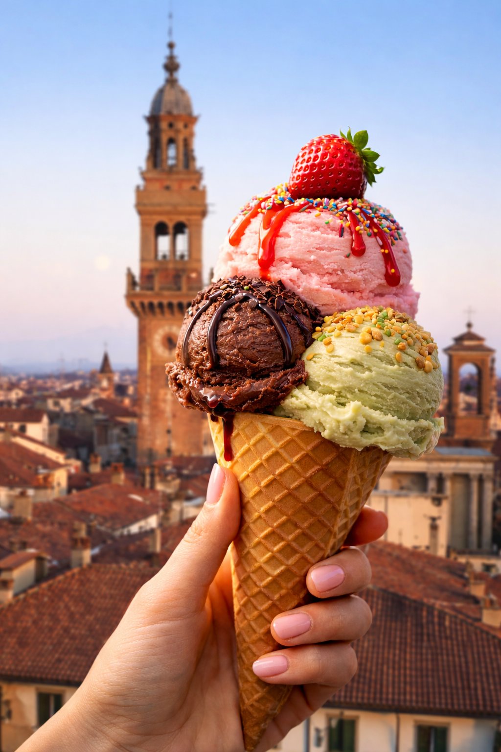 Cono gelato Cremoso con Casale Monferrato sullo sfondo